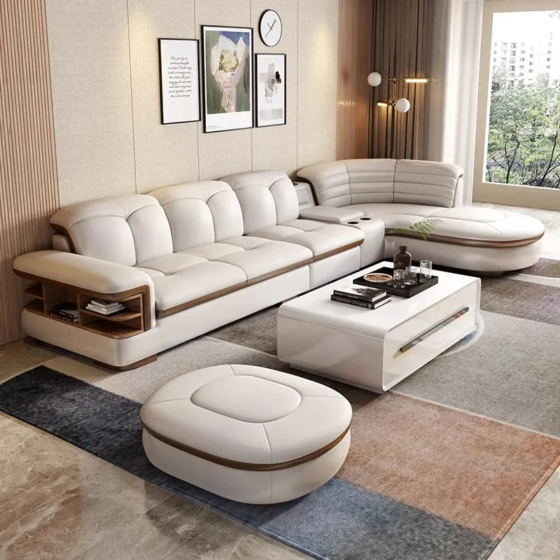 Luxury L-Shaped Genuine Leather Sectional Sofa Sets with USB, Bluetooth Speaker - MANBAS 9037B-1