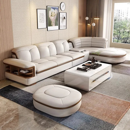 Luxury L-Shaped Genuine Leather Sectional Sofa Sets with USB, Bluetooth Speaker - MANBAS 9037B-1