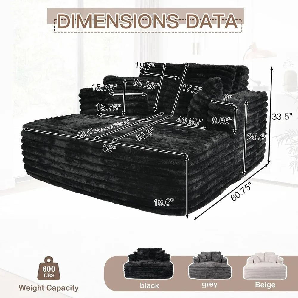 Oversized Plush Faux Fur Chaise Lounge Chair Indoor Sleeper Sofa Couch Bed with Pillows and Wide Armrests, Comfy Cloud Sofa for
