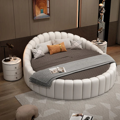 modern simple round bed leather double apartment master bedroom princess bed marriage base de cama king size home furniture