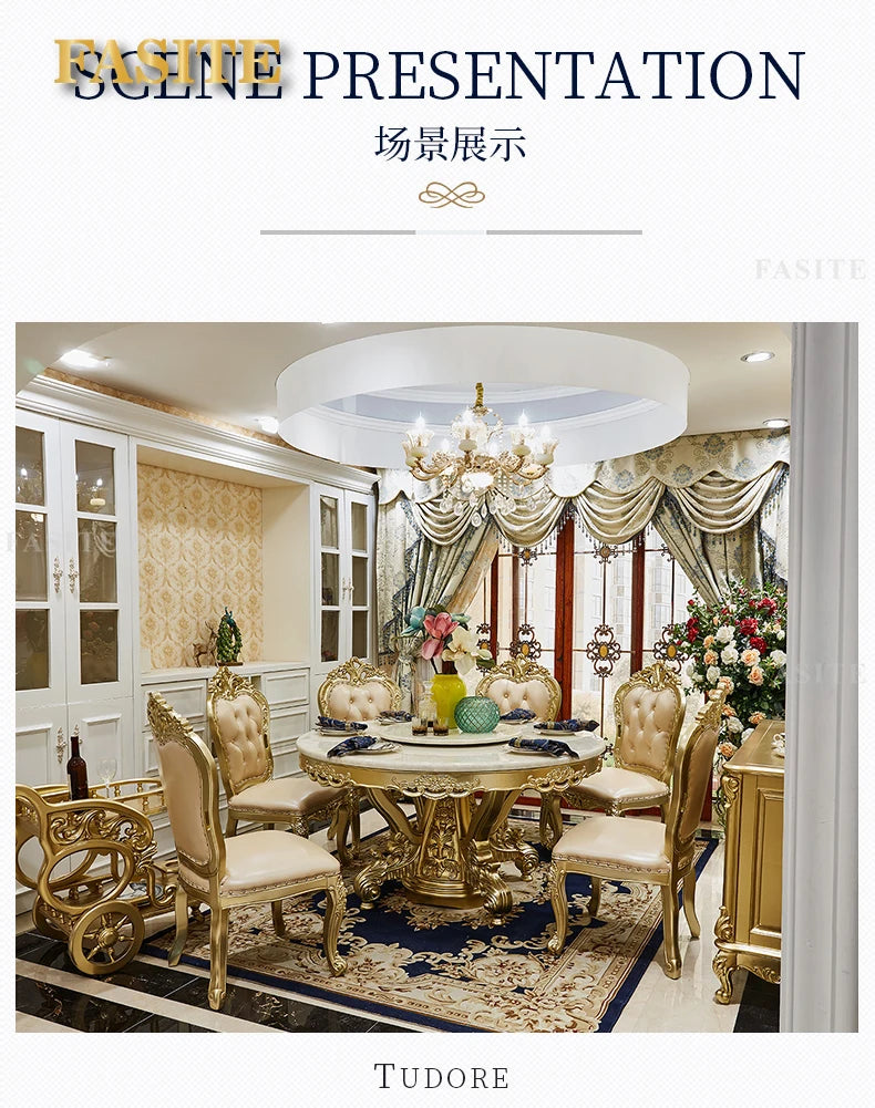 European round dining table and chair combination full solid wood carving flower dining table French marble round dining table