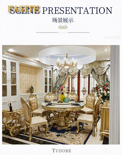 European round dining table and chair combination full solid wood carving flower dining table French marble round dining table