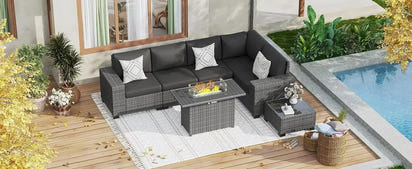 QAZ8-7 Piece Patio Furniture Set Fire Pit Table. Outdoor Conversation Sets Wicker Rattan Sectional Sofa with Coffee TSZ