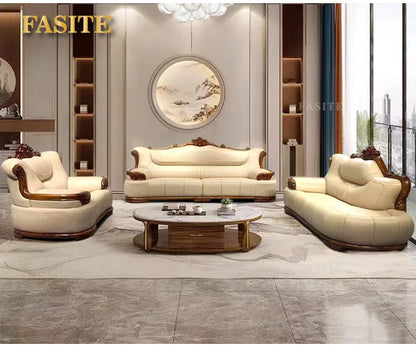 New Chinese-style simple ebony leather sofa luxury villa living room size apartment solid wood furniture corner combination