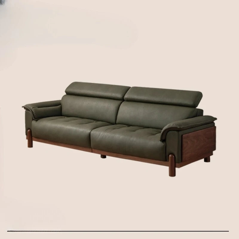 Furniture: leather sofa, living room, first layer yellow cowhide, vintage sofa, minimalist and light luxury, black walnut sofa