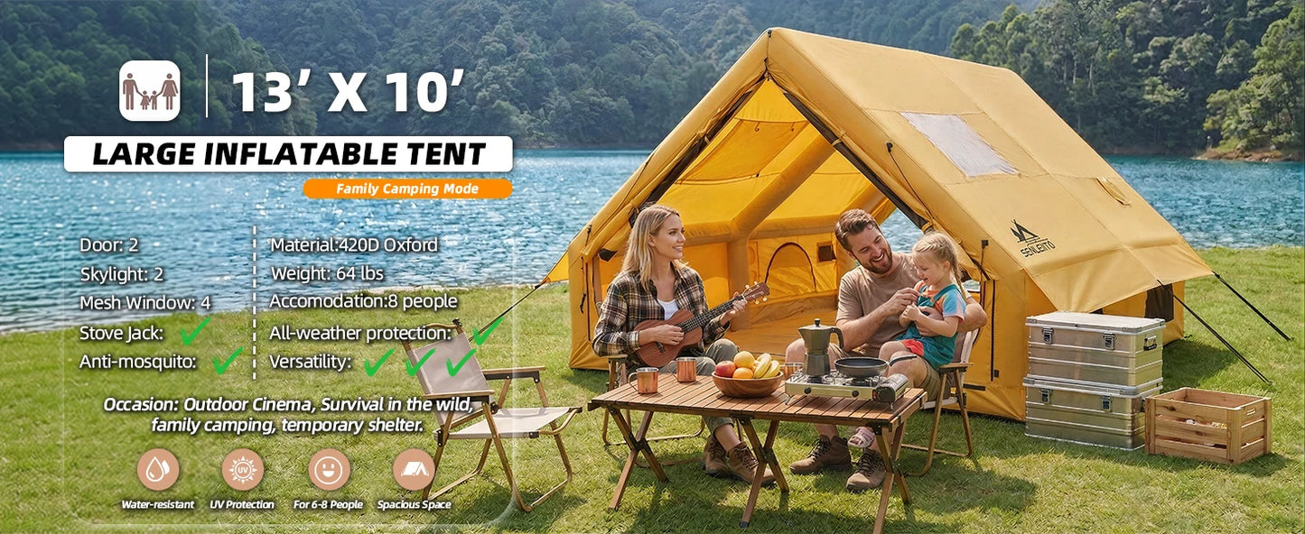 129 Sq Ft Inflatable Camping Tent Easy Setup Waterproof Oxford Air Tent House with Pump 4 Season Family Glamping Tent