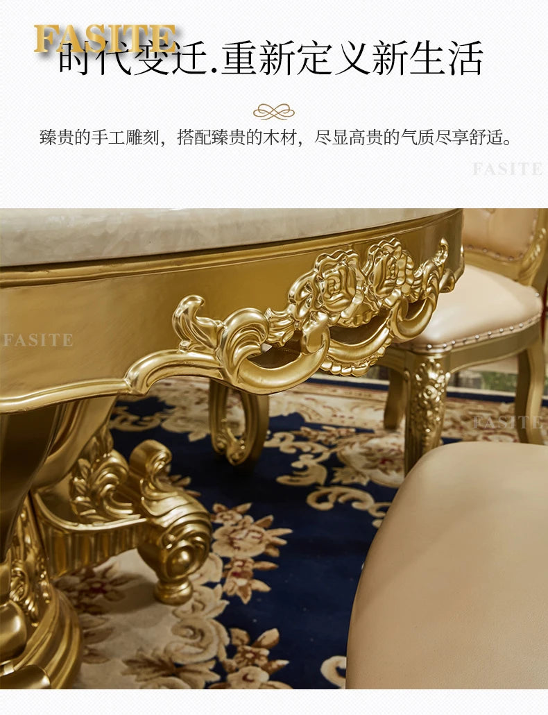 European round dining table and chair combination full solid wood carving flower dining table French marble round dining table