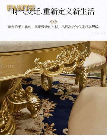 European round dining table and chair combination full solid wood carving flower dining table French marble round dining table