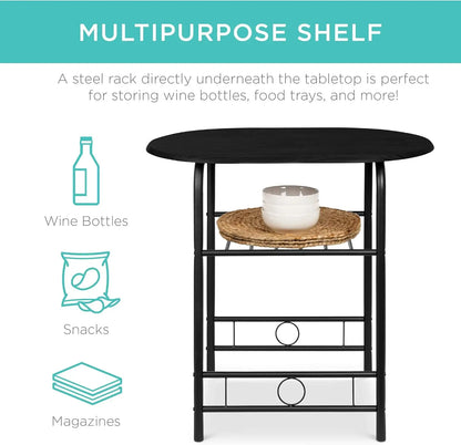 NICE 3-Piece Wooden Round Table & Chair Set for Kitchen, Dining Room, Compact Space w/Steel Frame, Built-in Wine Rack - Black