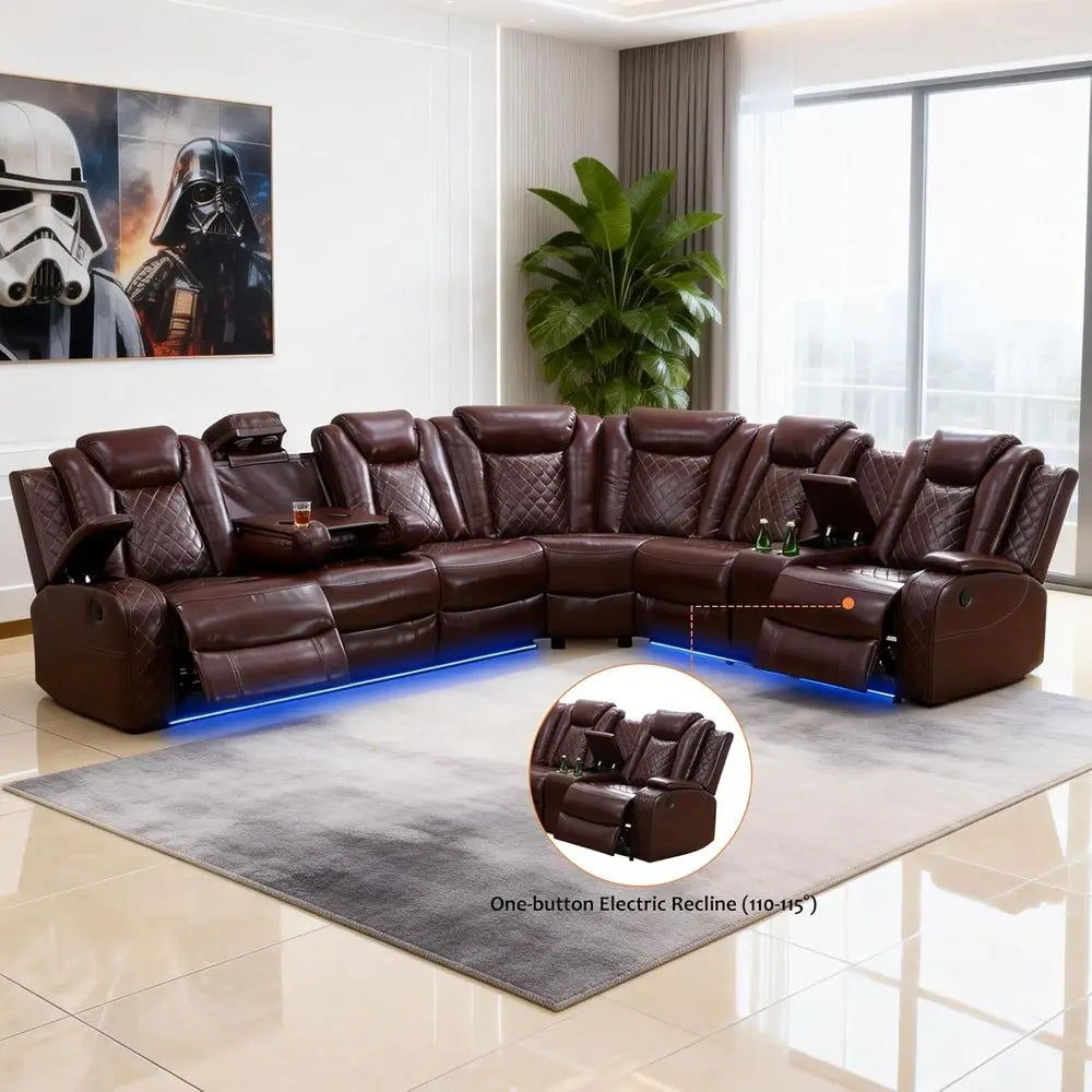 Power Reclining Sectional Soa, Leather Reclining Couch, ern Living Room urniture Set with LED Lights, Cup Holders & Storage ole,