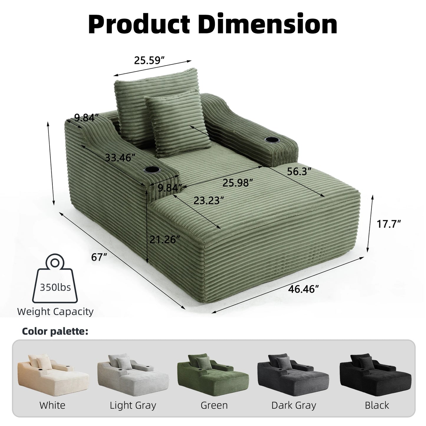 67 Inch Chaise Lounge Chair Indoor, Oversized Corduroy Upholstered Boneless Sofa Bed, Cloud Sofas Couches for Living Room
