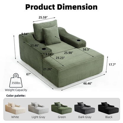 67 Inch Chaise Lounge Chair Indoor, Oversized Corduroy Upholstered Boneless Sofa Bed, Cloud Sofas Couches for Living Room