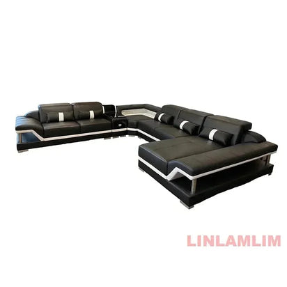 Minimalist Leather Sectional Sofa Set with Storage, Glass Coffee Table & TV Stand for Living Room