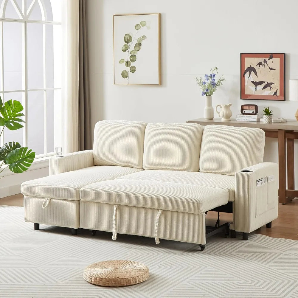 78.5" Corduroy L-Shaped Convertible Combo Sofa Bed with Reversible Storage Chaise,Pull-Out Sleeper Sofabed with Side Pockets an