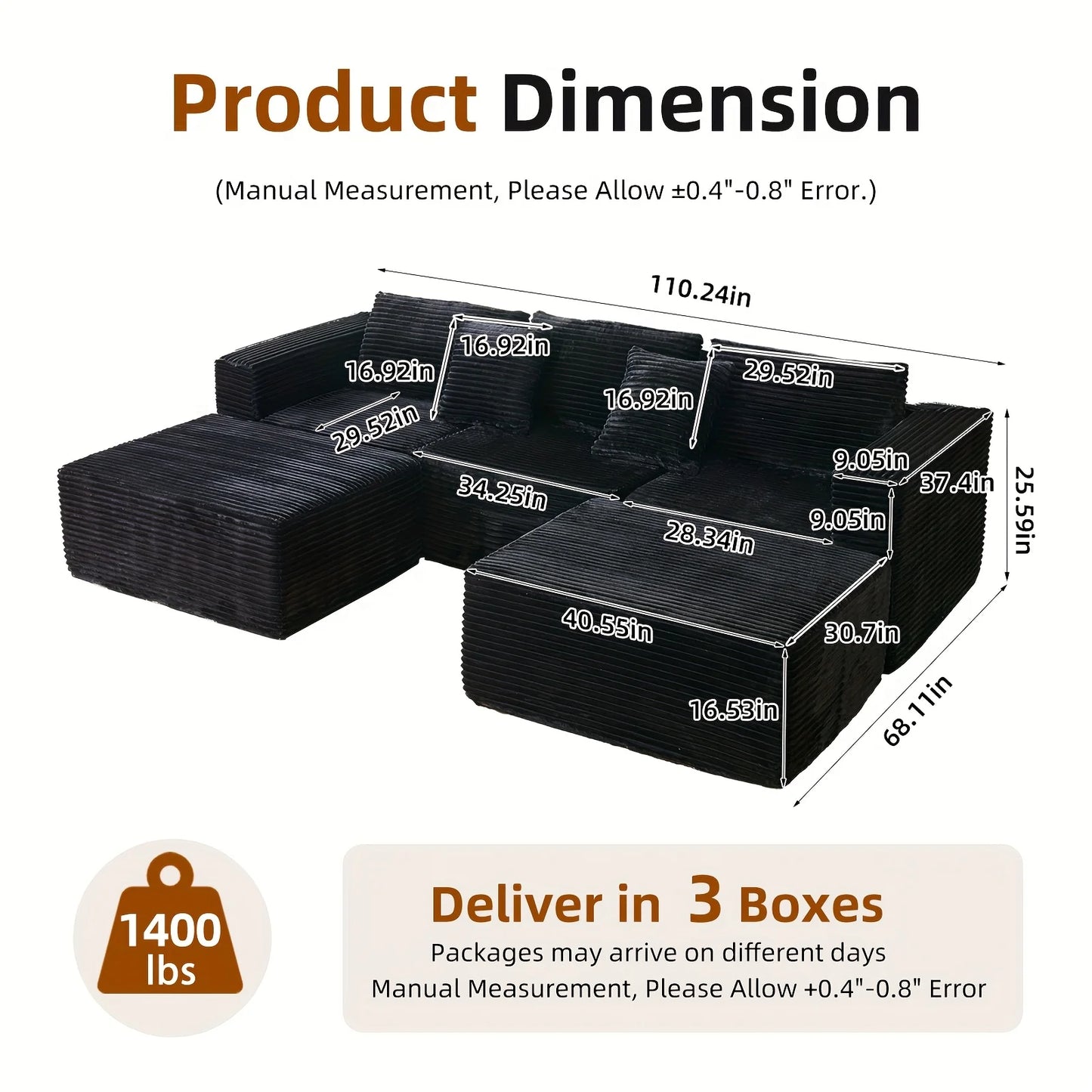 110.24-inch modular combination sofa U-shaped sofa with lounge chair striped fabric four-seater soft cushion sofa for living