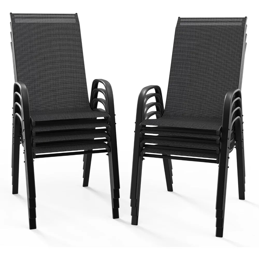 patio chairs set of 8 – stackable outdoor dining chairs with comfortable sling high back chairs and armrests for lawn, poolside