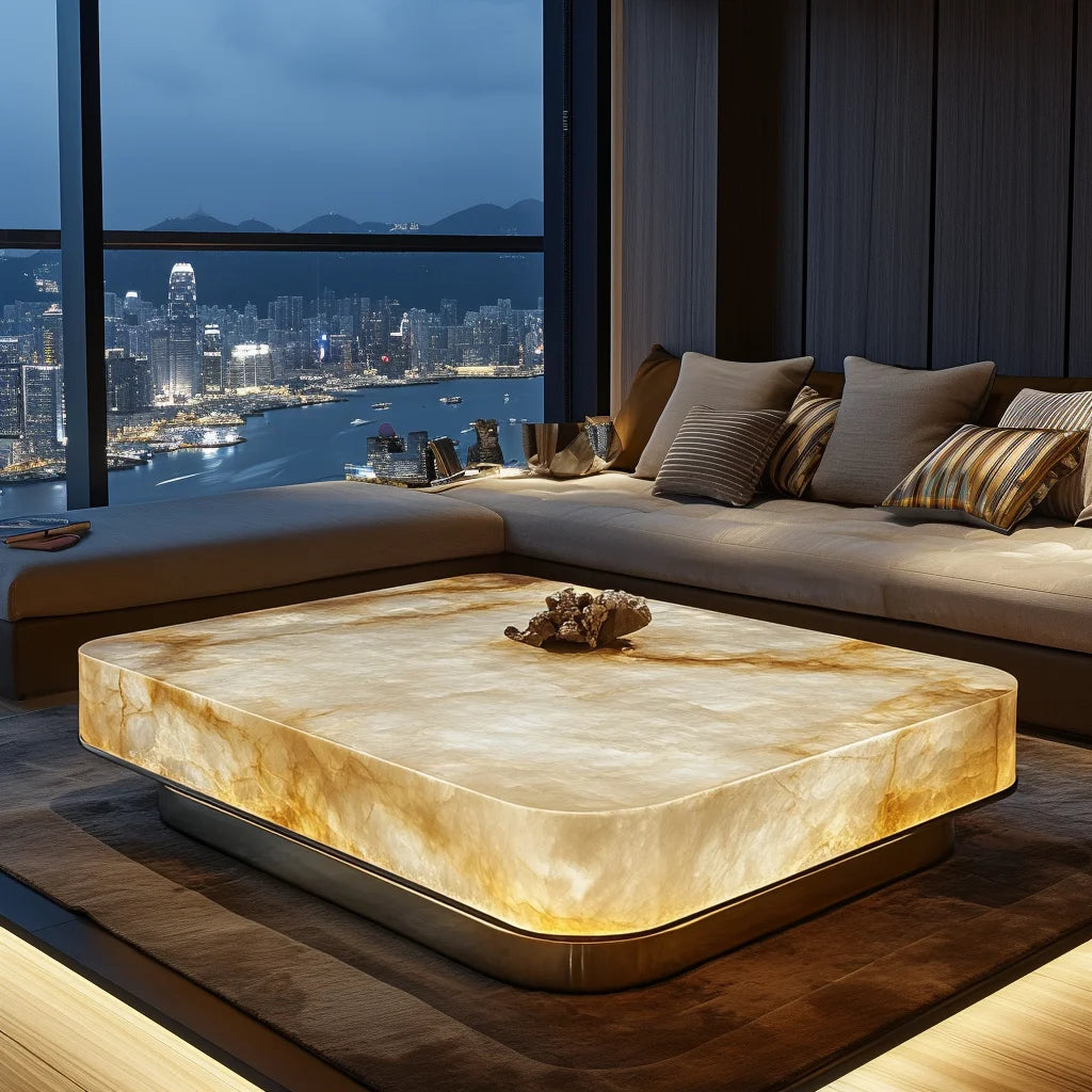 Jade square luminous coffee table premium villa living room modern minimalist marble Venice light luxury stone
