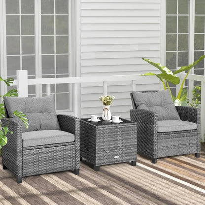 3Piece Outdoor Patio Furniture Set with Wicker Rattan Sofa and Cushions Tempered Glass Coffee Table Ideal for Poolside Backyard