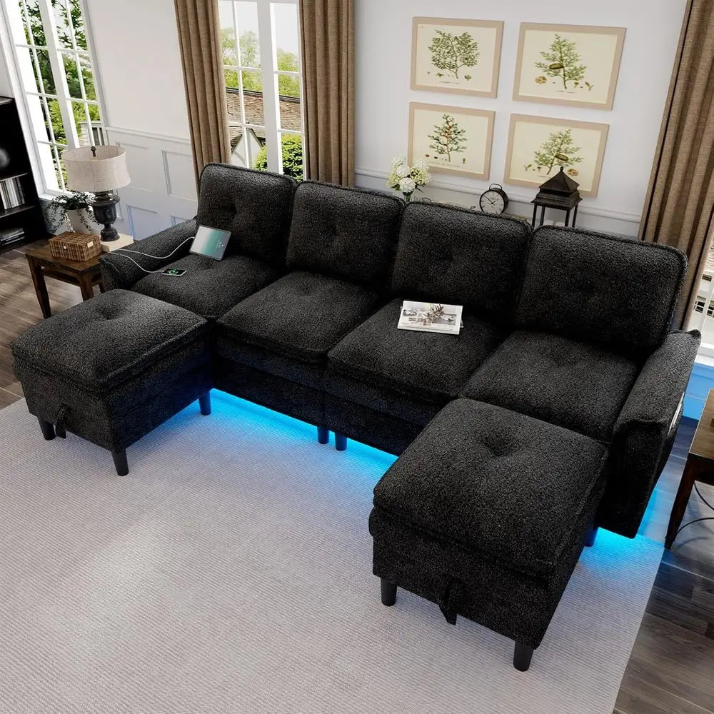 Sectional Couches with Charging, Storage Ottoman, 4-Seat LED U-Shape Sofa for Modern Living Rooms