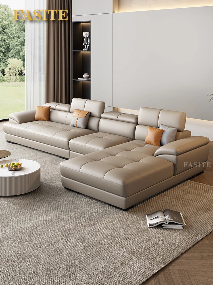 Nordic leather sofa with cowhide top layer, simple modern size, living room, Italian minimalist cream style leather sofa