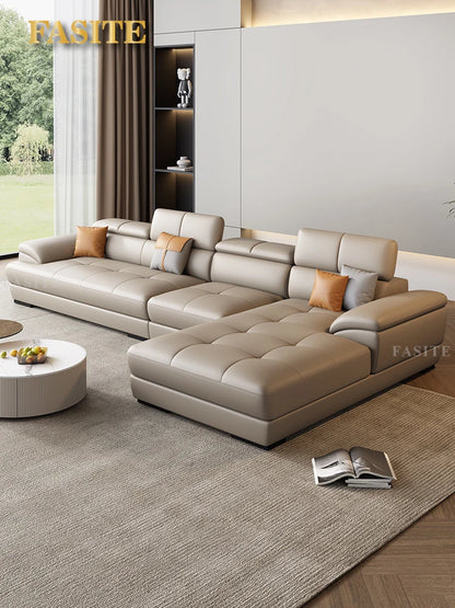 Nordic leather sofa with cowhide top layer, simple modern size, living room, Italian minimalist cream style leather sofa