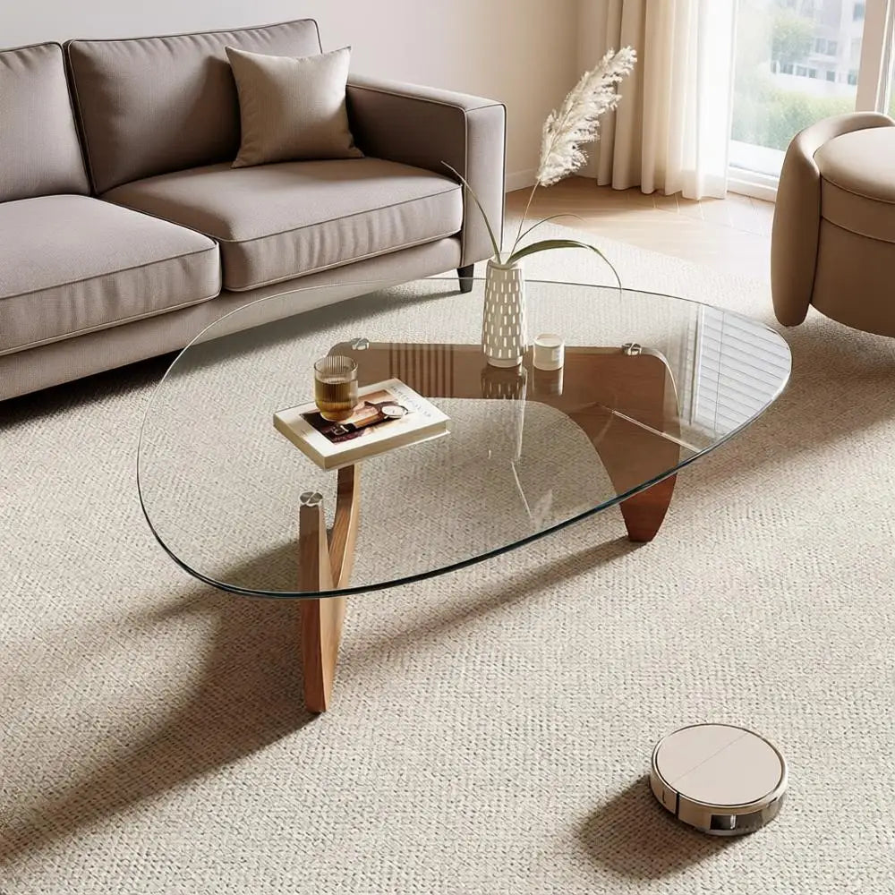Table basse, plateau en verre trempé 42,5 x 28,5 x 16,1, couleur bois naturel