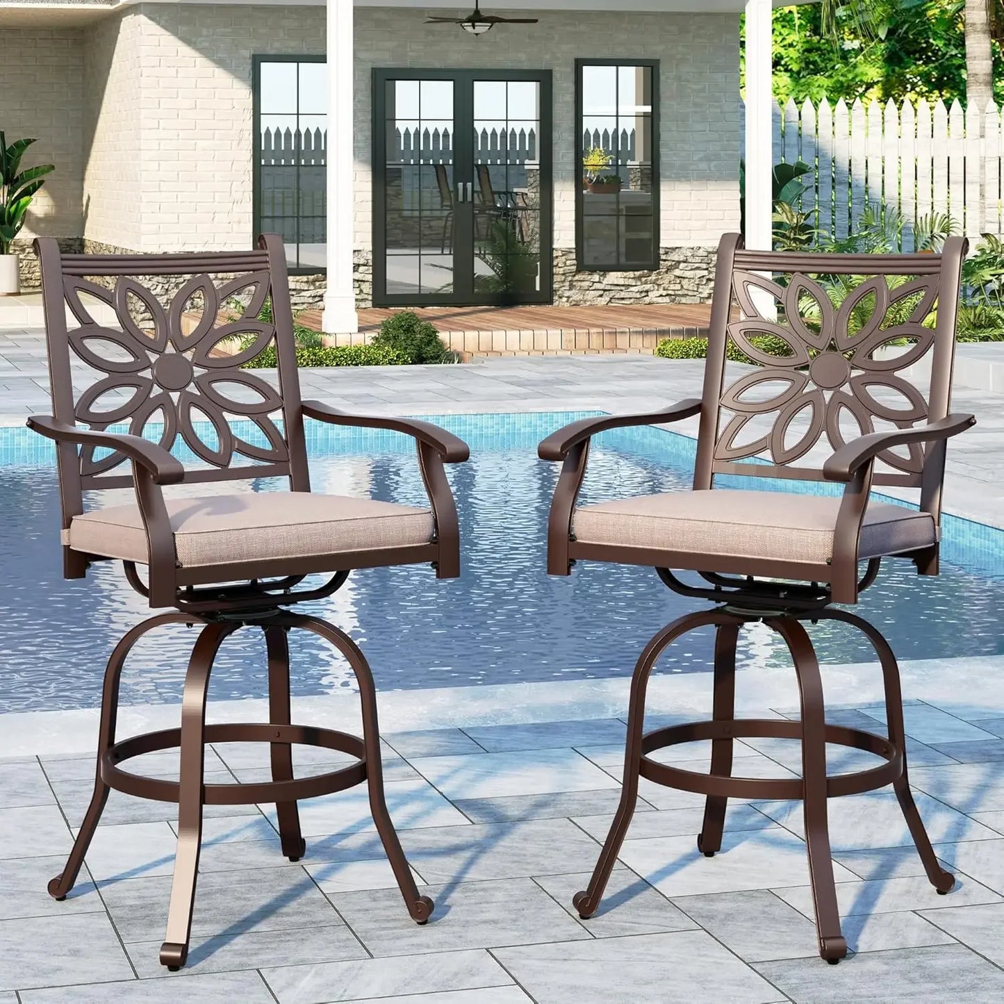 Cast Aluminum Patio Bar Chairs Set of 2, Bar Height Swivel Outdoor Bar Stools Chairs, Counter Height Outdoor Barstools,