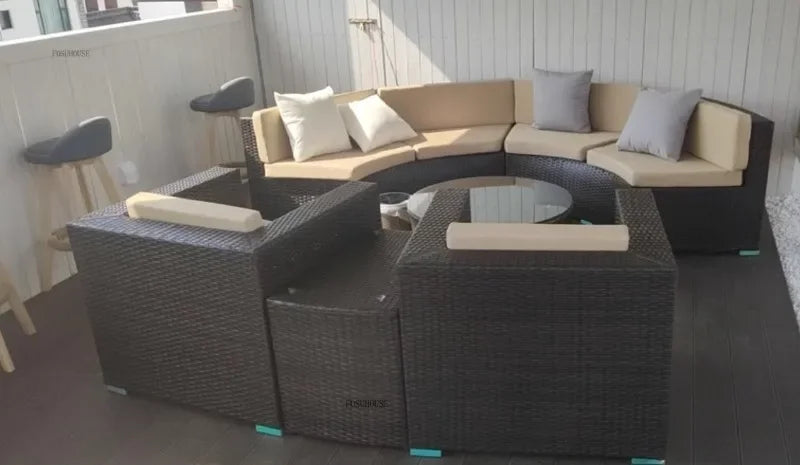 Outdoor PE Rattan Garden Sofas Courtyard Open-air Sofa Chair Combination Outdoor Garden Leisure Balcony Full Arc Sofa Chairs EE