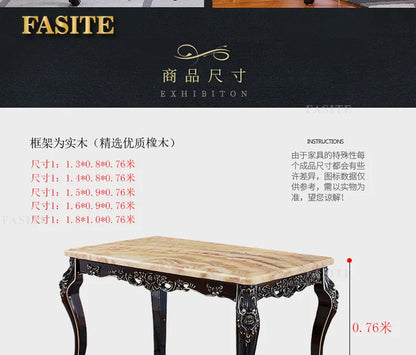 Marble dining table and chair combination Ebony restaurant Solid wood carving flower rectangular American home dining table