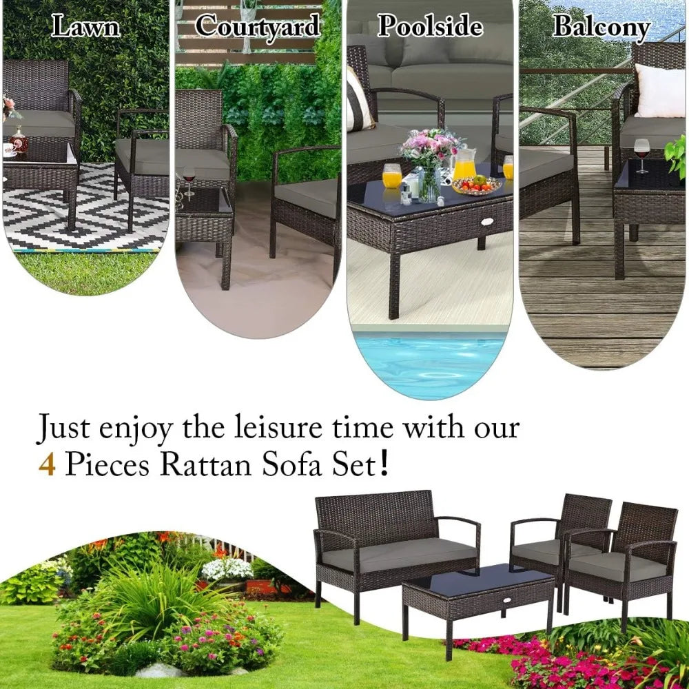 Outdoor Conversation Set 4 Pieces Patio Furniture, Wicker Patio Chair Sofa Set with Water-Resistant Dark-Brown Cushion & Tempere