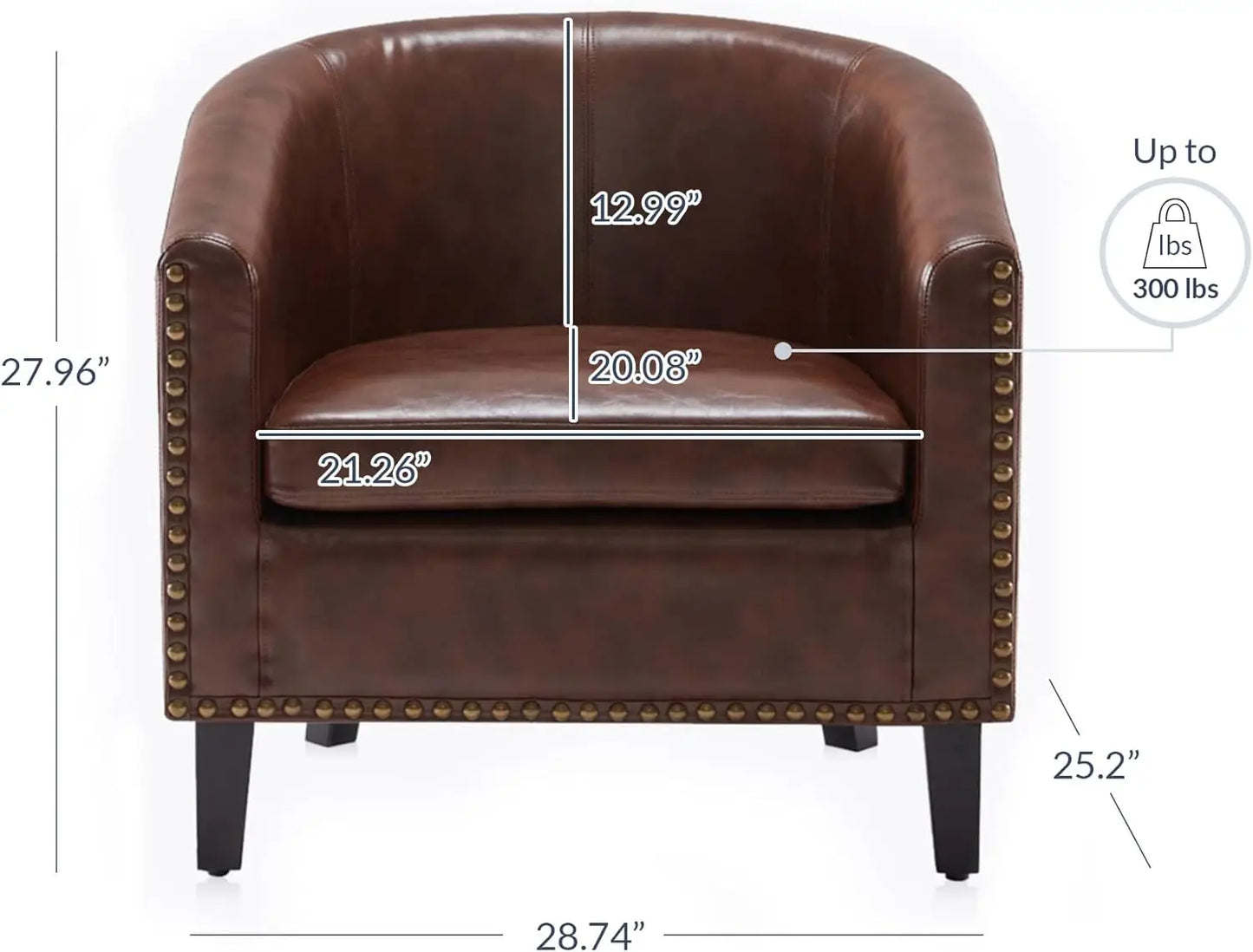 Accent Barrel Chair, Set of 2 Modern Faux Leather Tub Club Chairs with Gold Nail Trim & Black Legs - Brown