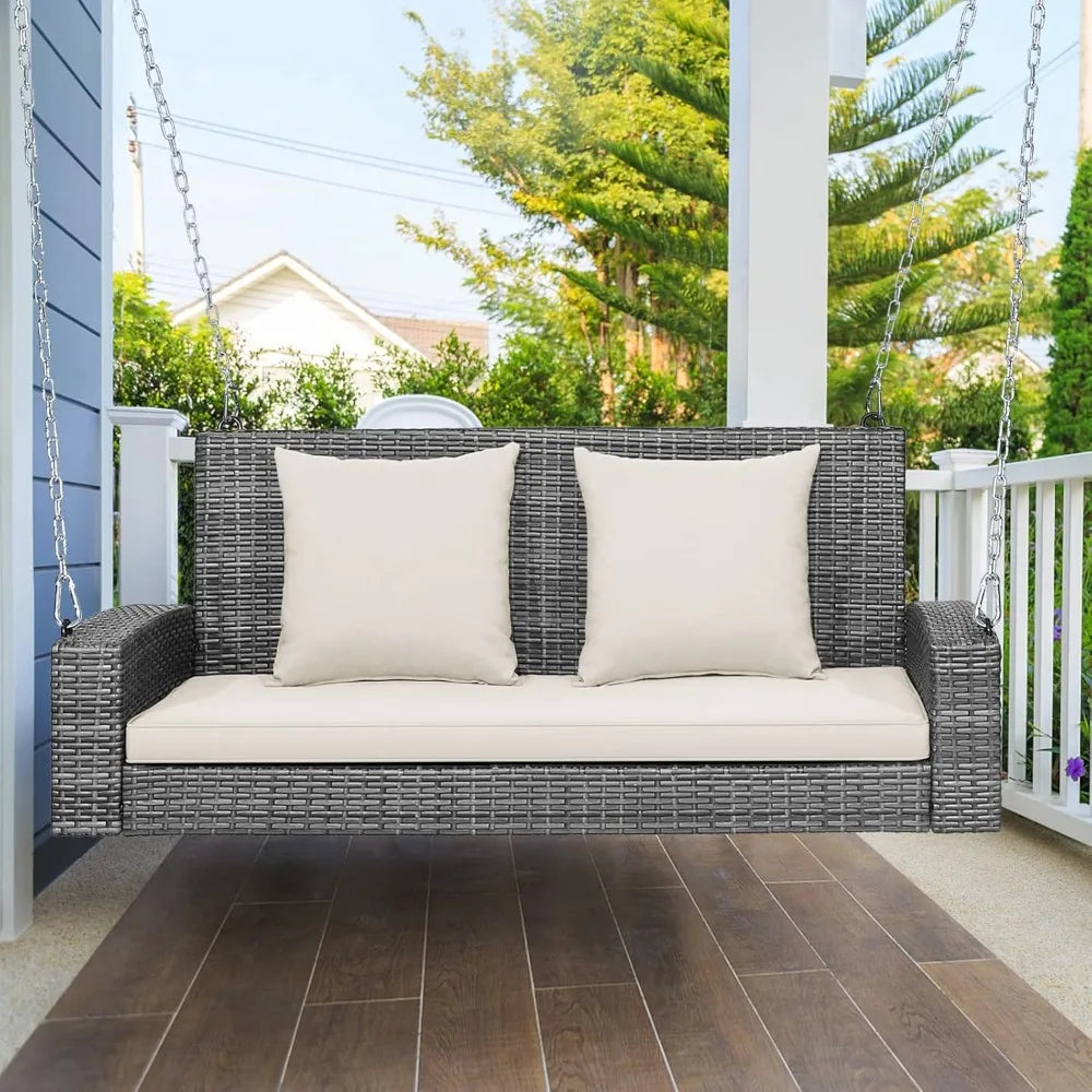 2-Person Outdoor Swing Bench with Cushions, Rustproof Metal Frame, Comfortable PE Rattan Seat and Backrest for Porch Relaxation