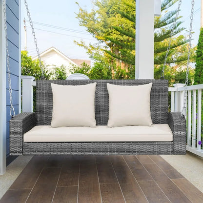 2-Person Outdoor Swing Bench with Cushions, Rustproof Metal Frame, Comfortable PE Rattan Seat and Backrest for Porch Relaxation