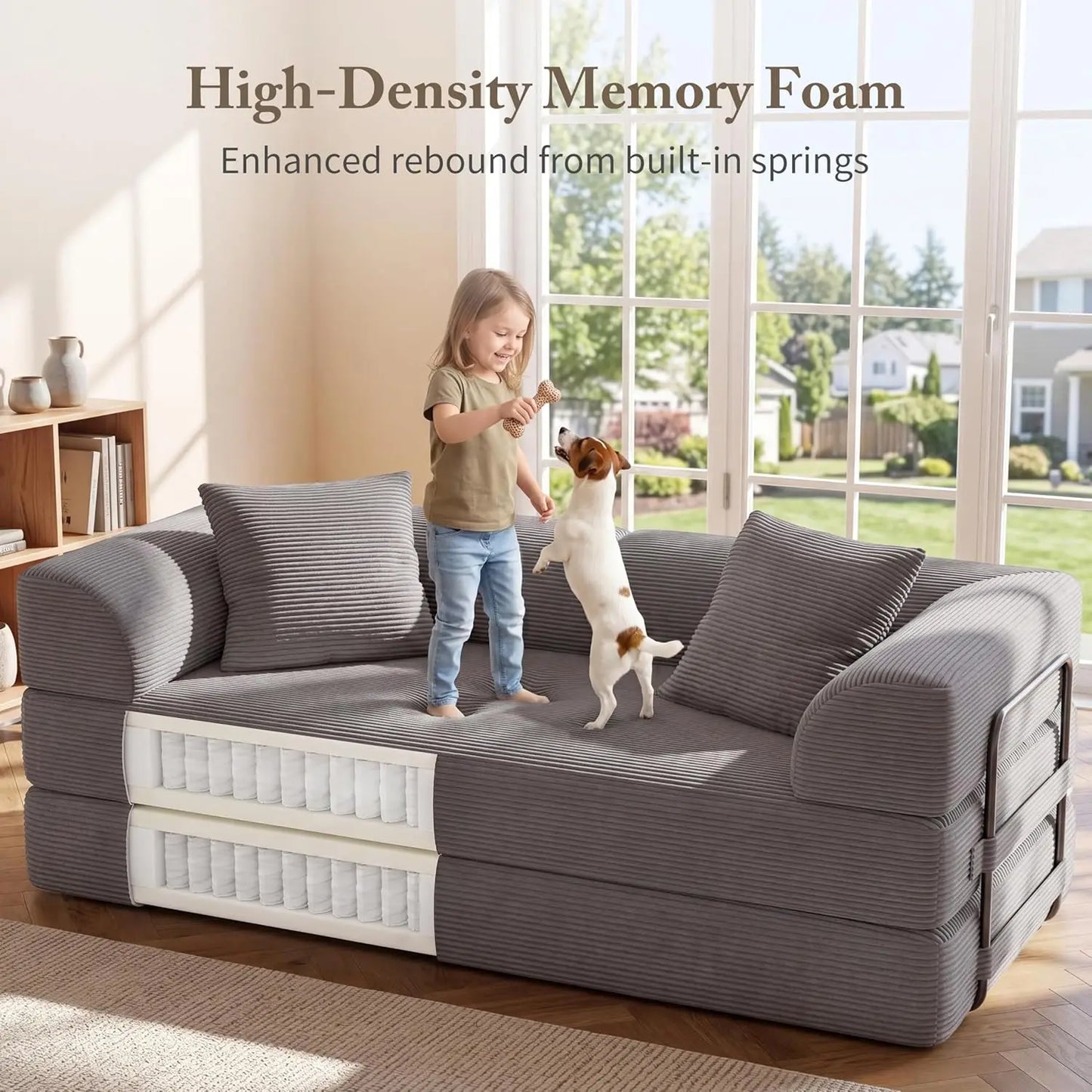 5-in-1 Convertible Sofa Bed Pull-Out Sleeper 70in High-Density Sponge Corduroy Futon Living Room Gray Customized