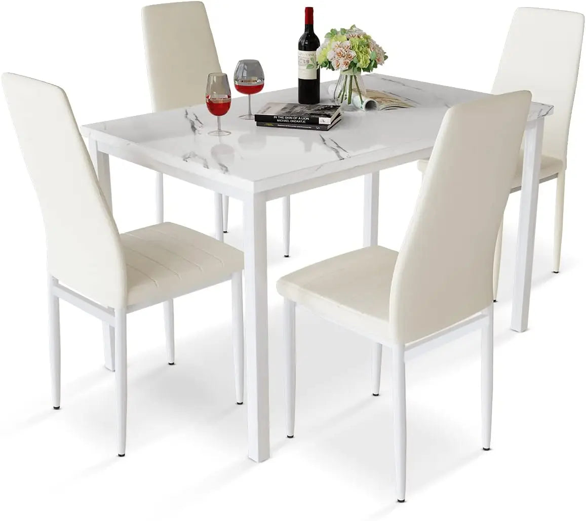 4-piece Dining Table and Chair Set, 5-piece Modern Dining Room Dining Table Set with Faux Marble Top and PU Leather Chairs