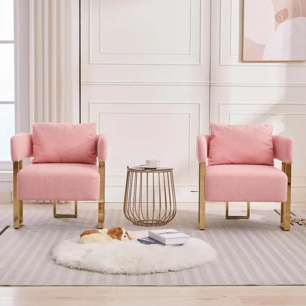 Set of 2 Modern Barrel Chairs: Upholstered Armchairs with Gold Metal Legs & Soft Teddy Fabric - Living Room Accent Chairs