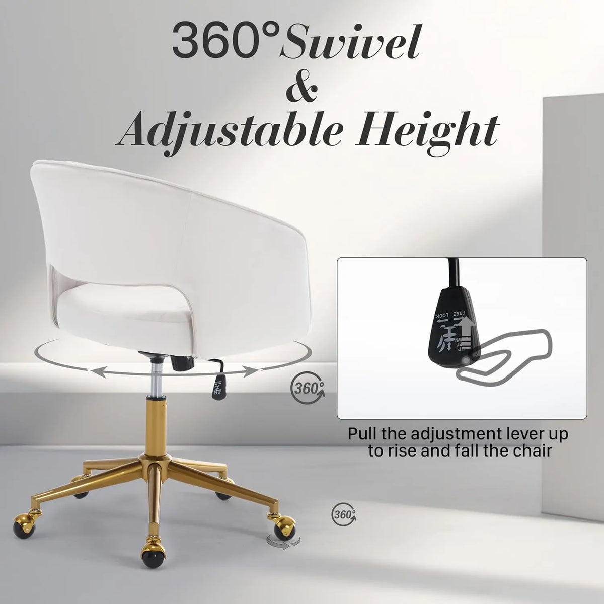 Modern Velvet Swivel Desk Chair, Height Adjustable Armchair with Gold Base, Ergonomic Office Chair for Home Office, Cream
