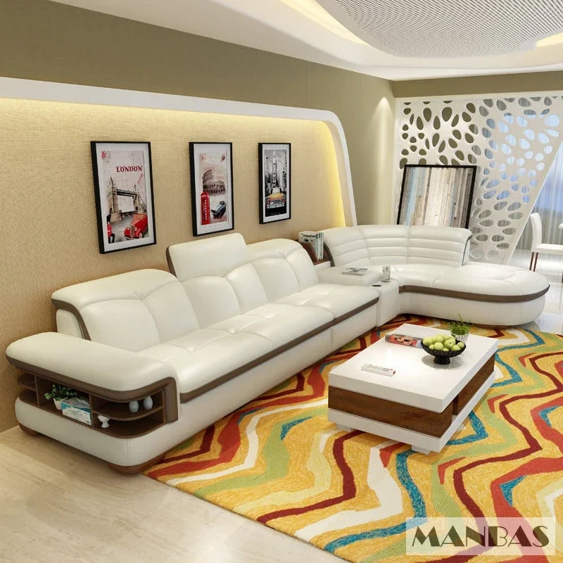 Luxury L-Shaped Genuine Leather Sectional Sofa Sets with USB, Bluetooth Speaker - MANBAS Living Room Italian Leather Couches
