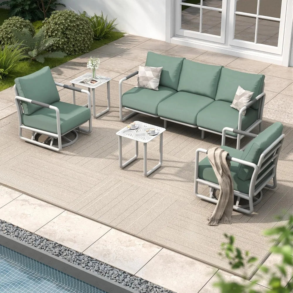 Outdoor Aluminum Patio Furniture Set, 5-Seats Patio Conversation Sofa Set with 2 Swivel Rocking Chairs and 2 Coffee Tables,
