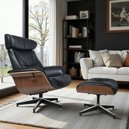 Modern Reclining Swivel Lounge Chair Walnut Black Genuine leather Ottoman include