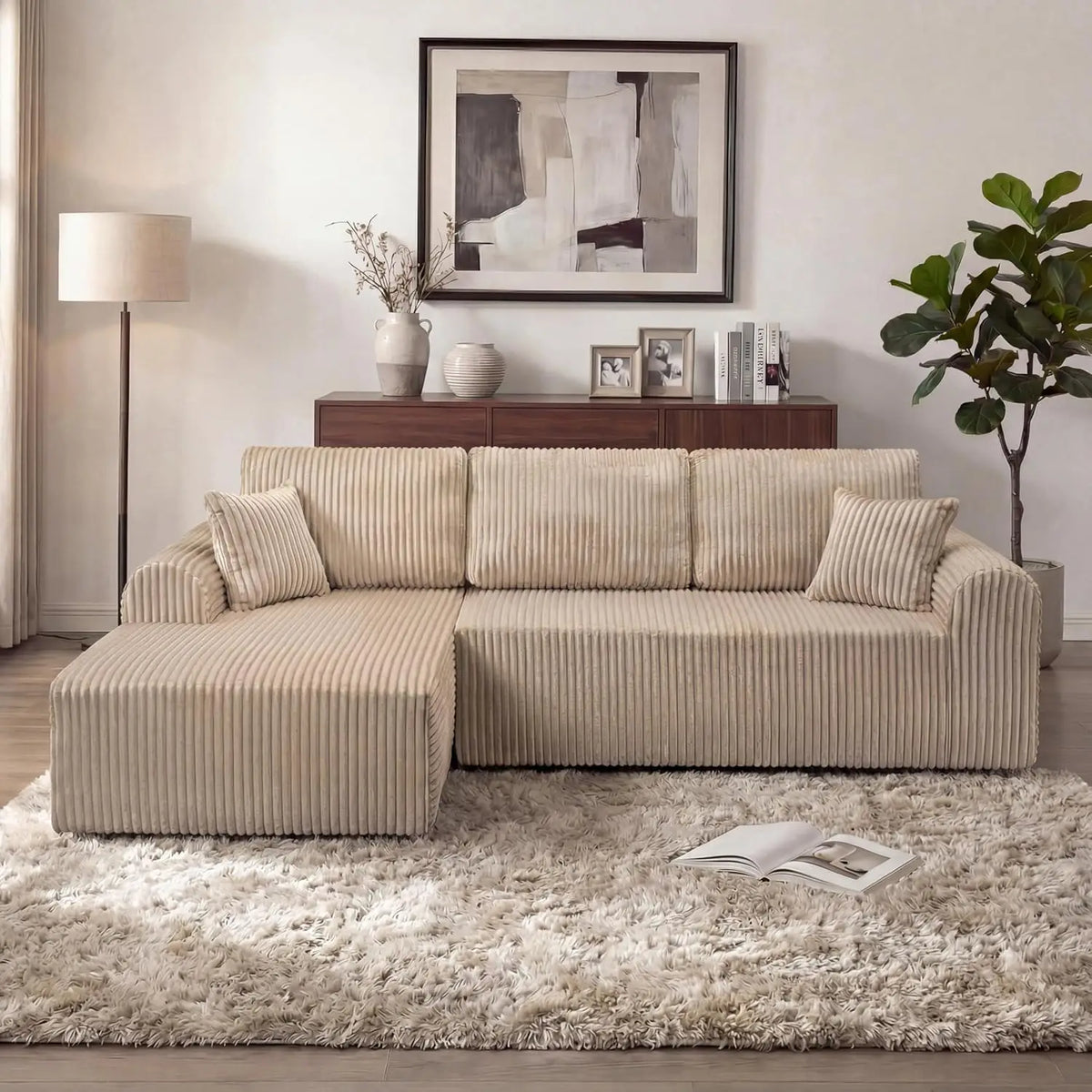 109“L-Shaped Sectional Sofa Boneless Couch Upholstery Cloud Modular Couch with Chaise No Assembly Required Corduroy Fabric Combi