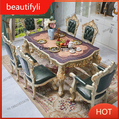 A139 European Solid Wood Dining Table and Chair Combination Rectangular Dining Table Luxury American Leather Villa Furniture