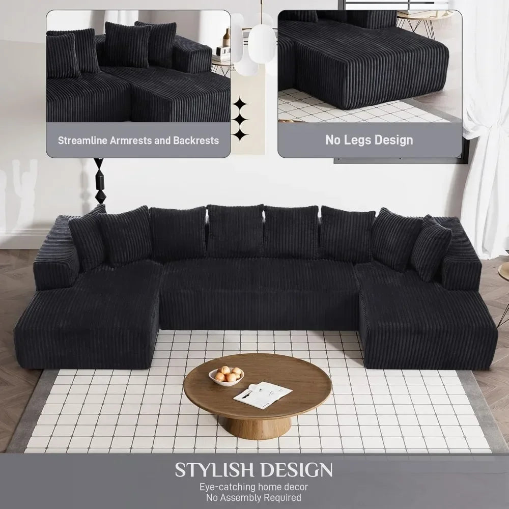 Retro 131" Modular Sectional Couch, Luxury Couches For Living Room, Corduroy Sofa With Chaise Lounge Comfy