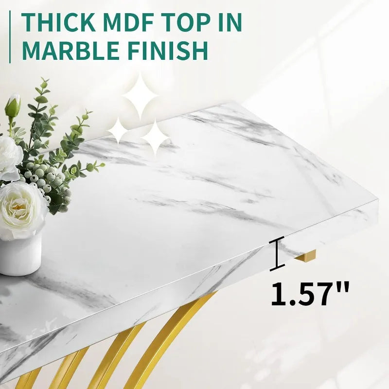 Gold Console Table,40 inch Entryway Tables Narrow Sofa Table for Living Room, Hallway, Faux Marble White
