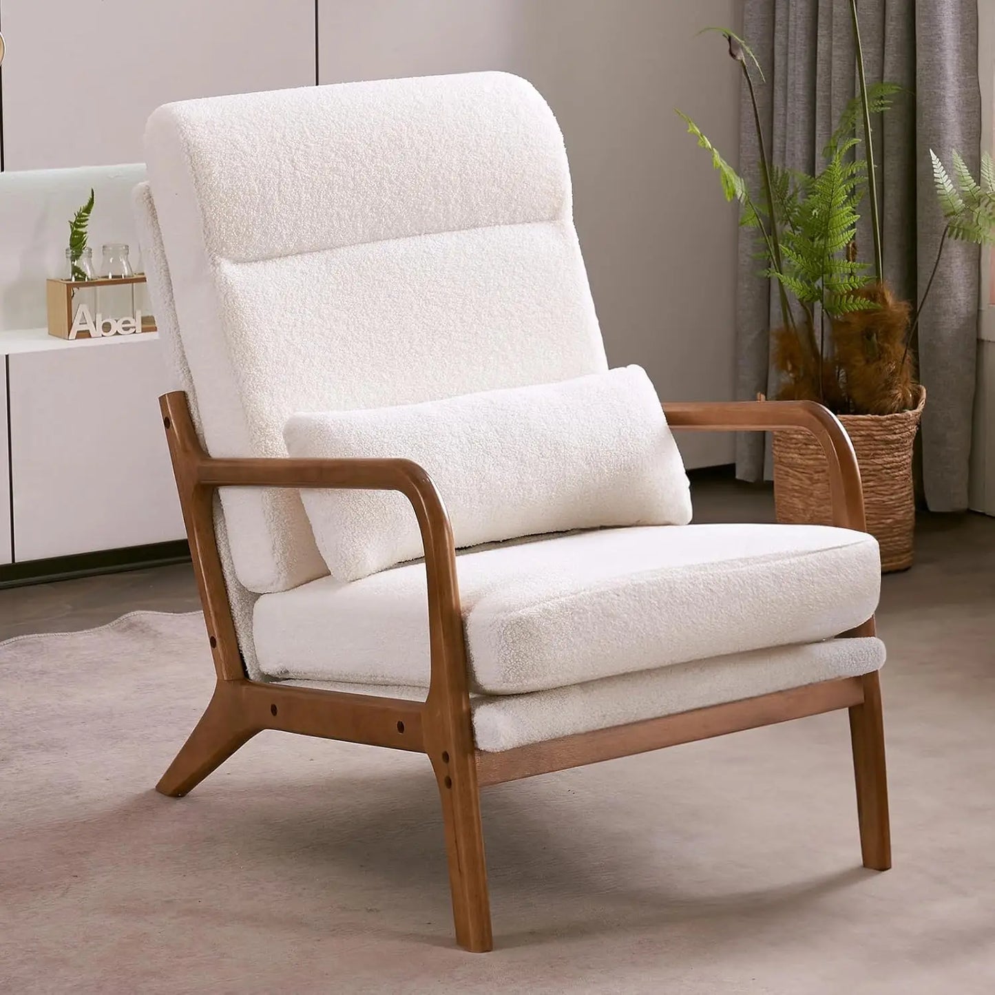 Mid-Century Modern Chair with Pillow High Back Bronzing Cloth Upholstered Lounge Arm Chair with Solid Wood Frame & Soft Cushion
