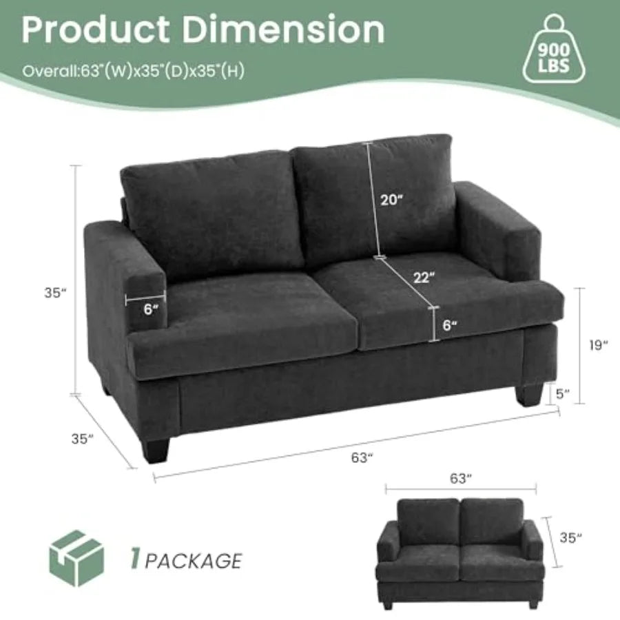 2 Piece Set Comfy Sofa Couch 3 Seater Loveseat with Deep Seats Modern Sleeper Couch for Living Room Dark Grey Chenille