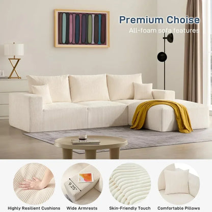 beige 113" sectional cloud boneless sofa, 3 seater u-shaped modern modular lounge couch for living room, no assembly required