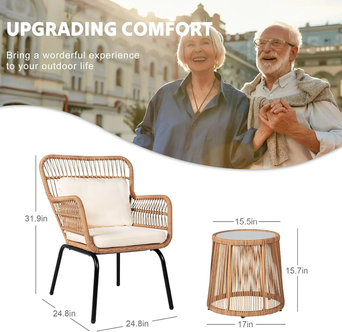 3 Piece Outdoor Wicker Furniture Bistro Set, Rattan Chairs Conversation Sets Wicker Patio Furniture for Balcony Poolside Backyar