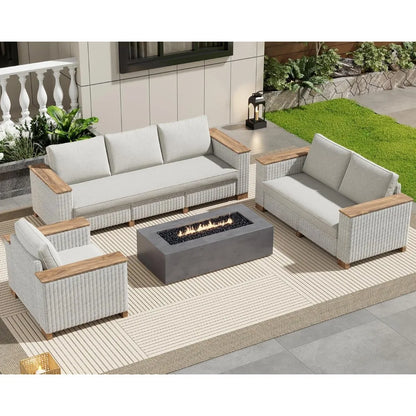 6-Piece Patio Furniture Set, Wicker Patio Conversation Set with Solid Wood Armrests &Thick Legs, UV-Resistant Outdoor
