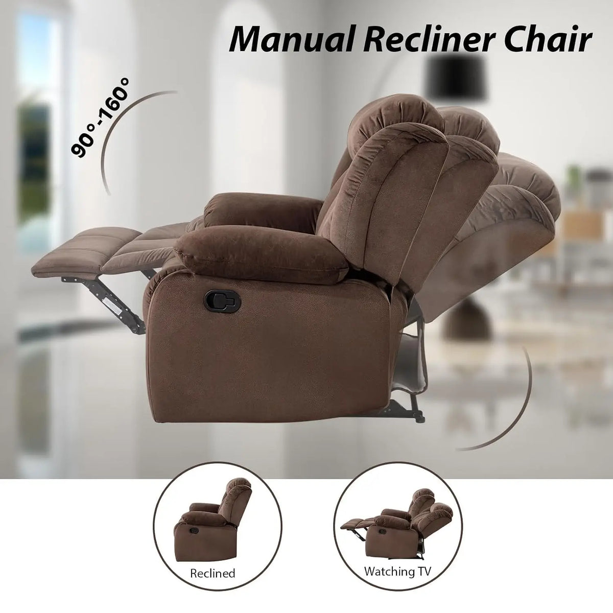 Manual Reclining Sofa Set with Overstuffed Arms & Backrest, Include 1 Recliner Chair & 1 Loveseat, Brown, Customized